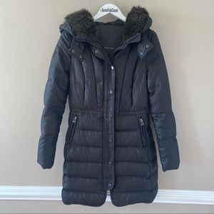 Zara Basic Long Down Black Puffer Jacket with Faux Fur Hood